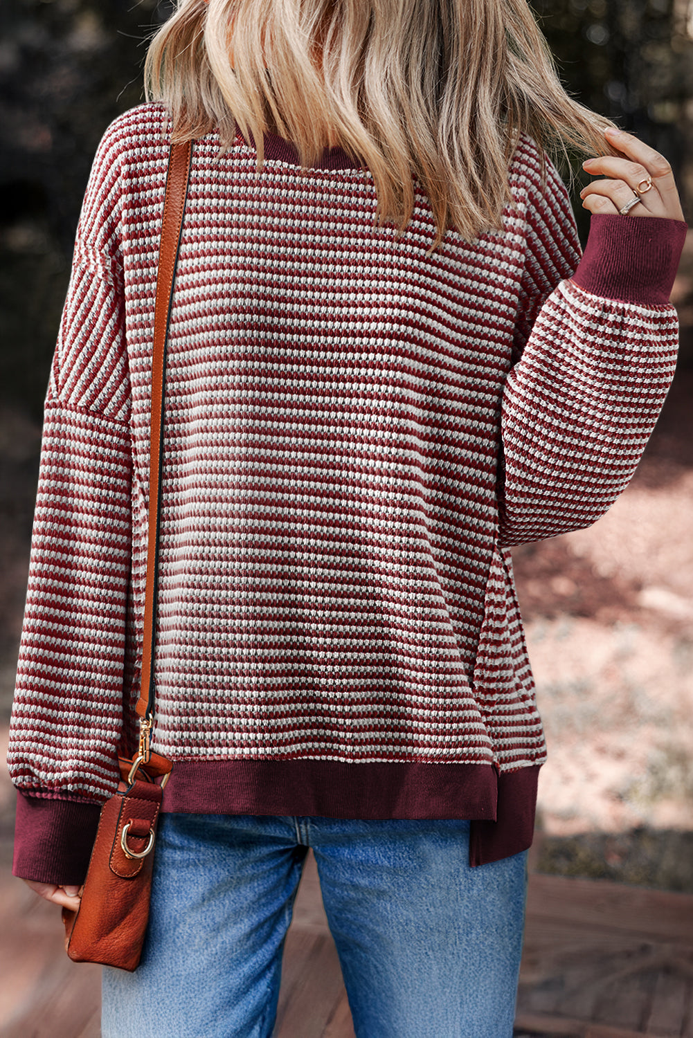 Red Stripe Ribbed Trim Drop Shoulder Long Sleeve Oversized Top