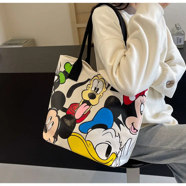 DisneyCartoon Mickey Fashion Versatile LargeCapacity Canvas Shoulder Bag Women's Casual Versatile Tote Bag Student Class Handbag