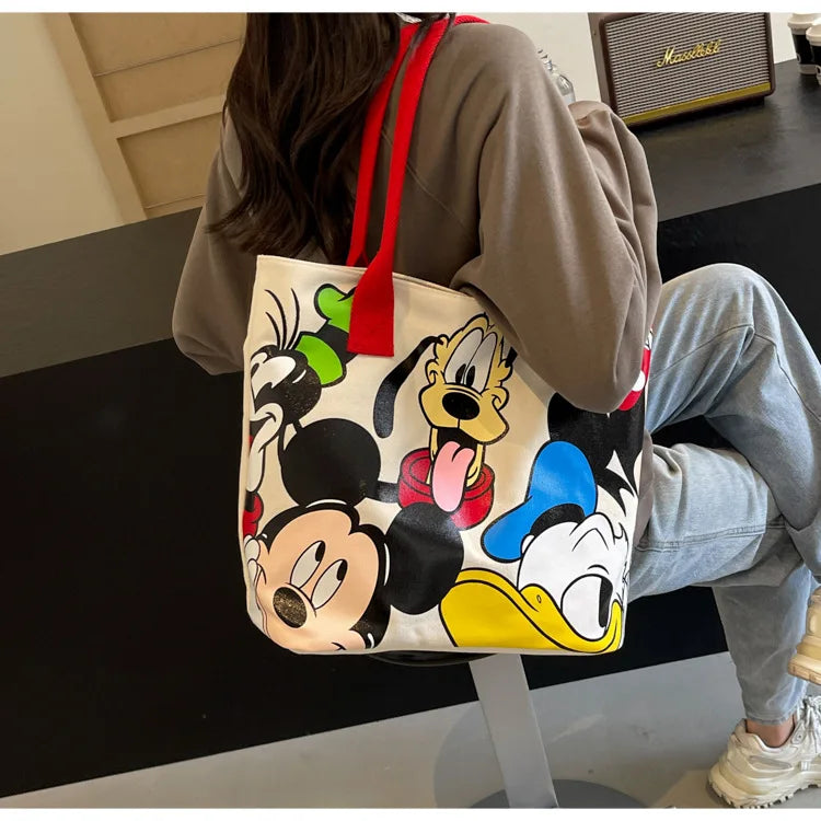 DisneyCartoon Mickey Fashion Versatile LargeCapacity Canvas Shoulder Bag Women's Casual Versatile Tote Bag Student Class Handbag